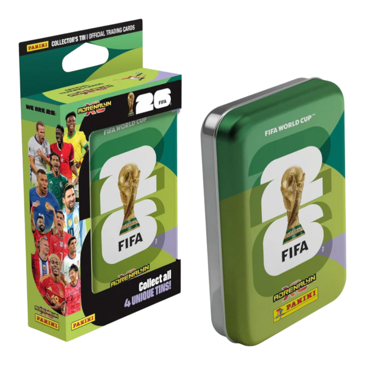 Panini FIFA World Cup 2026 Adrenalyn XL mini tin featuring player cards and the FIFA World Cup trophy. Collectible metal tin.