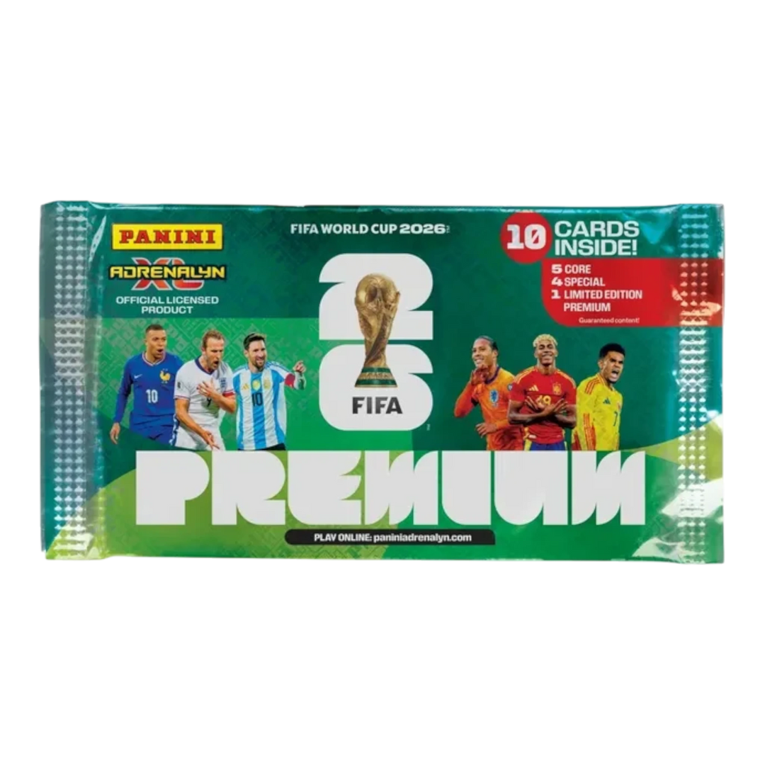 Panini FIFA World Cup 2026 Adrenalyn XL Premium Packet featuring 10 cards: 5 core, 4 special, 1 limited edition. Includes players like Messi and Mbappé.
