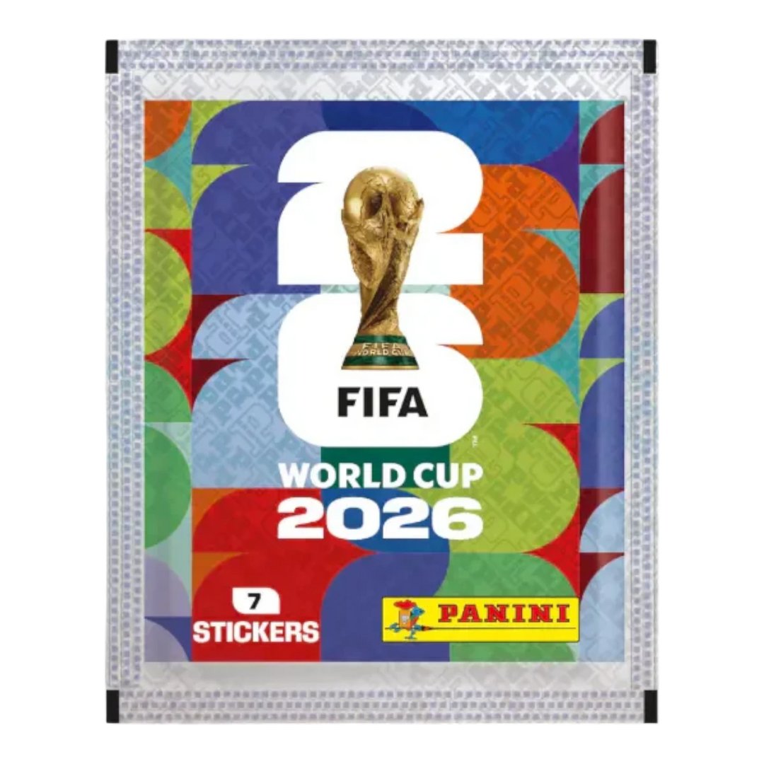 Panini FIFA World Cup 2026 sticker pack with 7 stickers, featuring the World Cup trophy and colorful geometric design.
