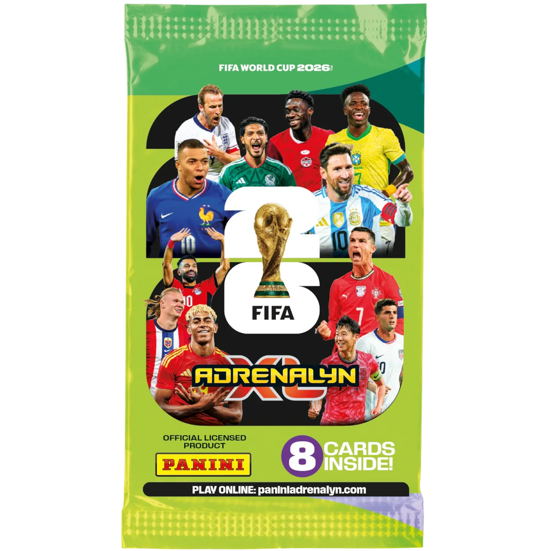 Panini FIFA World Cup 2026 Adrenalyn XL single trading card pack featuring players like Messi, Ronaldo, and Mbappe. Includes 8 cards.