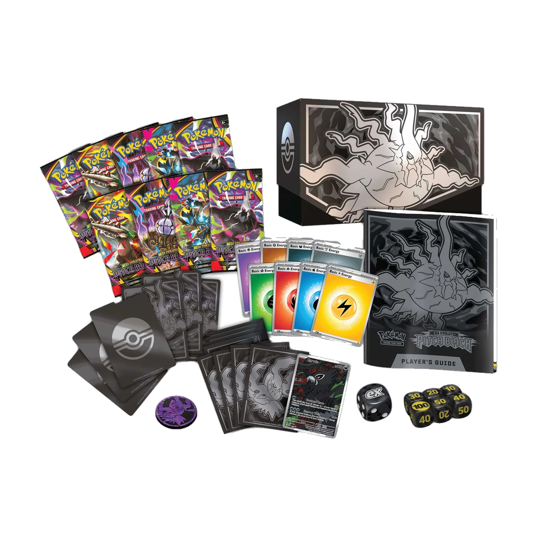 Pokémon TCG Pitch Black Elite Trainer Box complete contents with booster packs and accessories