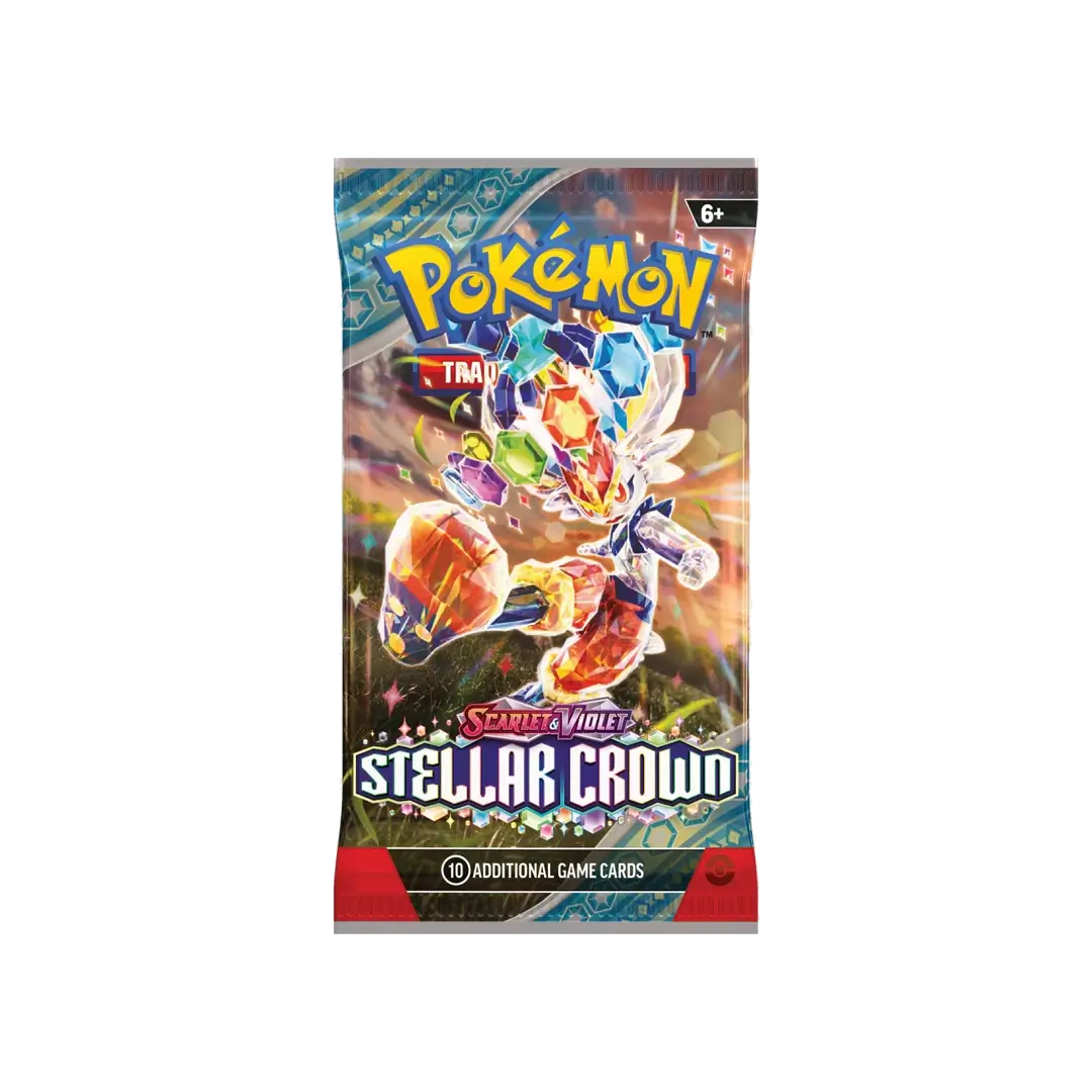 Pokémon TCG Scarlet &amp; Violet Stellar Crown SV07 booster pack featuring Cinderace artwork