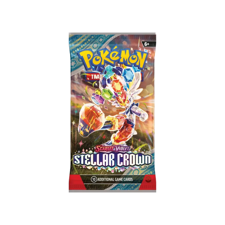 Pokémon TCG Scarlet &amp; Violet Stellar Crown SV07 booster pack featuring Cinderace artwork