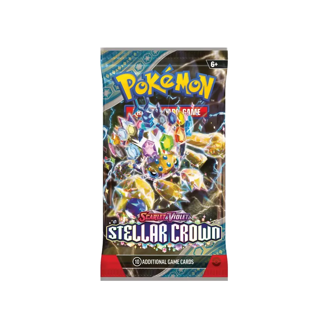 Pokémon TCG Scarlet &amp; Violet Stellar Crown SV07 booster pack featuring Galvantula artwork