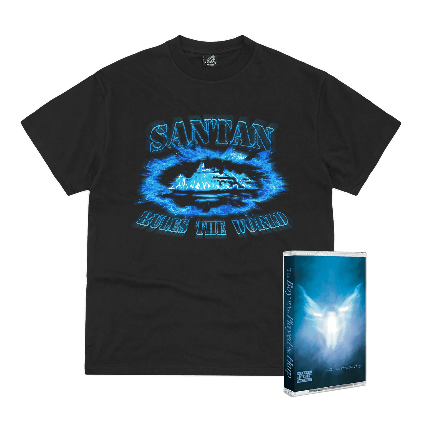 Corteiz Santan Alcatraz Tee Black/Blue Flame + Cassette