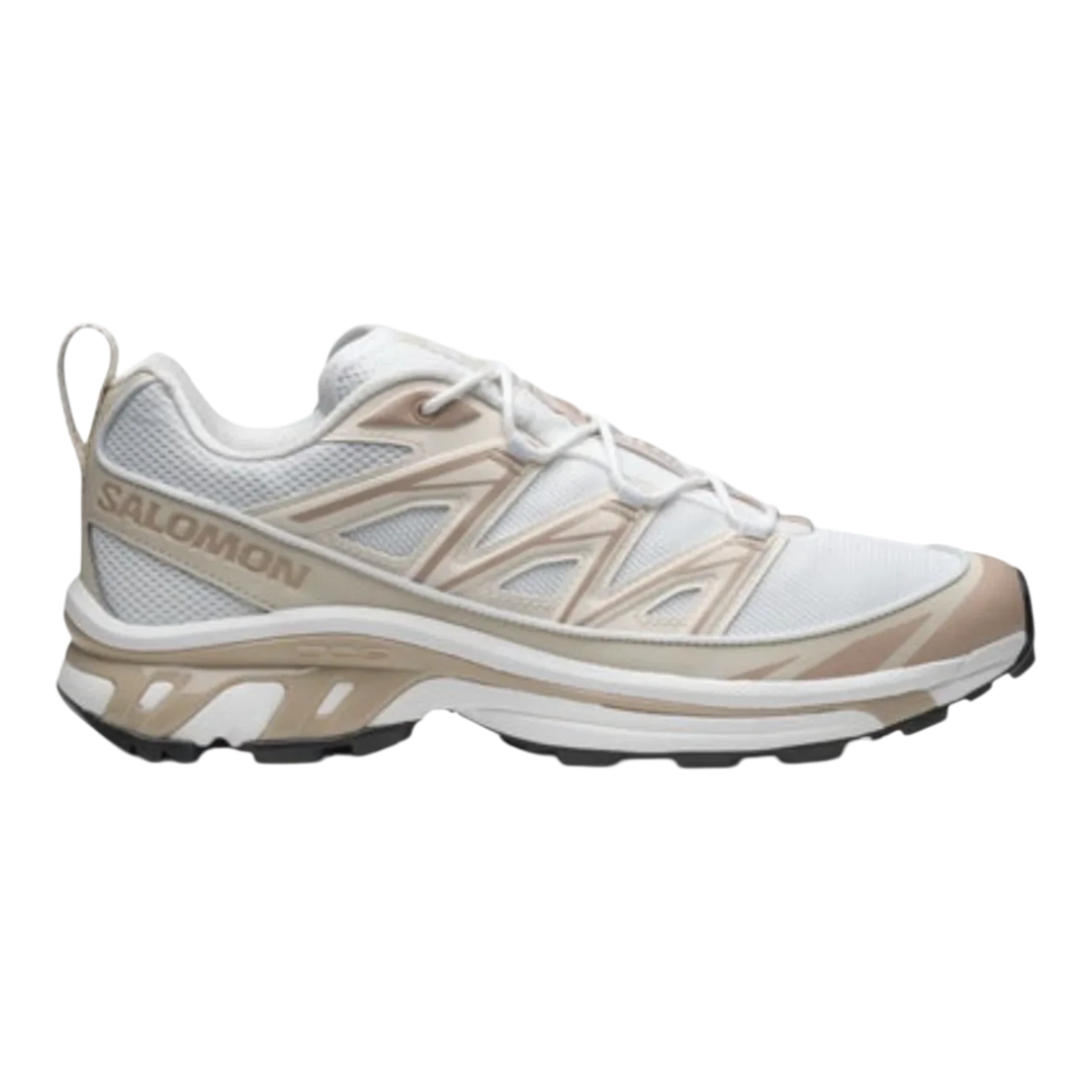 Salomon XT-6 EXPANSE white, rainy day, and oxford tan textile and synthetic sneakers with layered design.