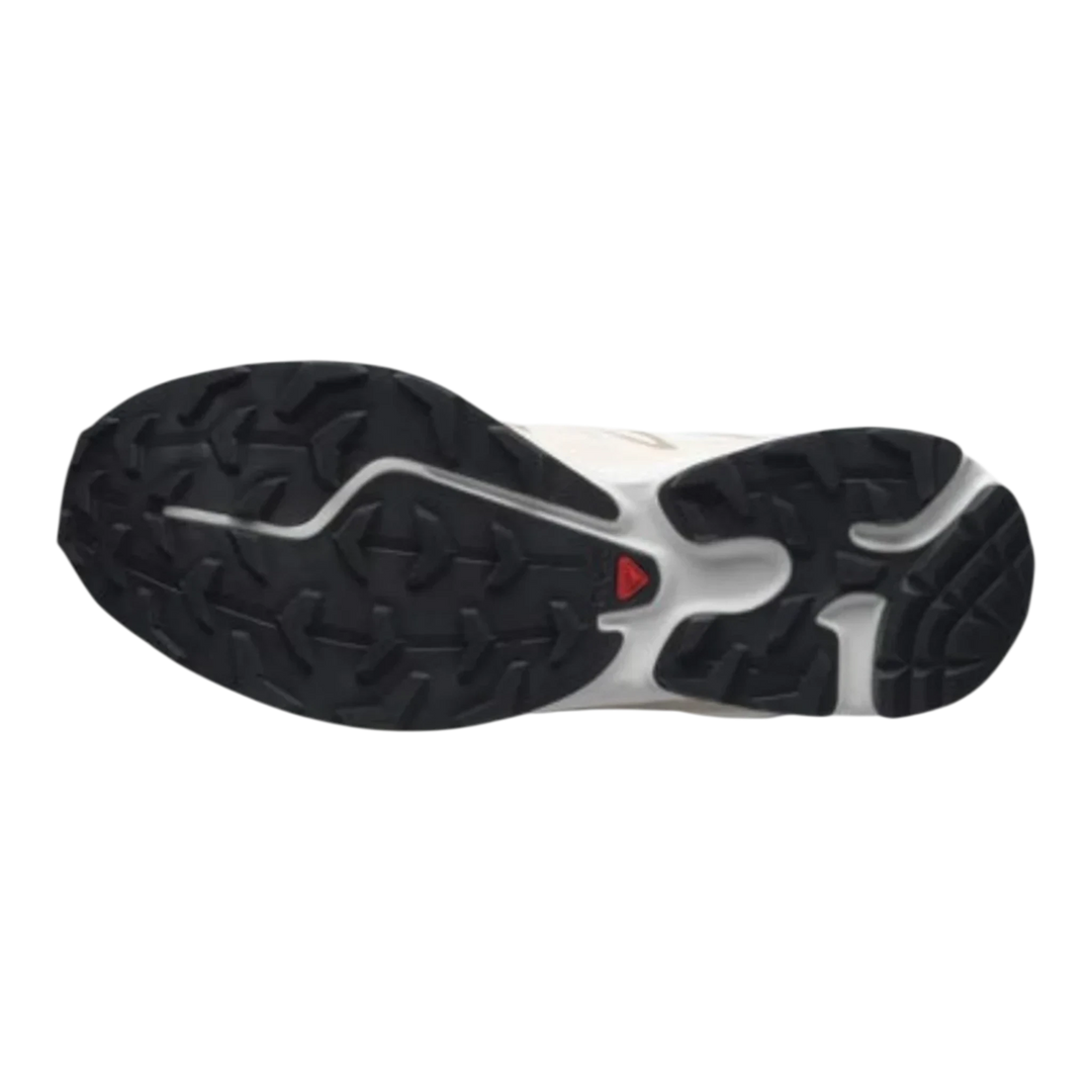 Salomon XT-6 EXPANSE white, rainy day, and oxford tan sneakers with a black rubber outsole.