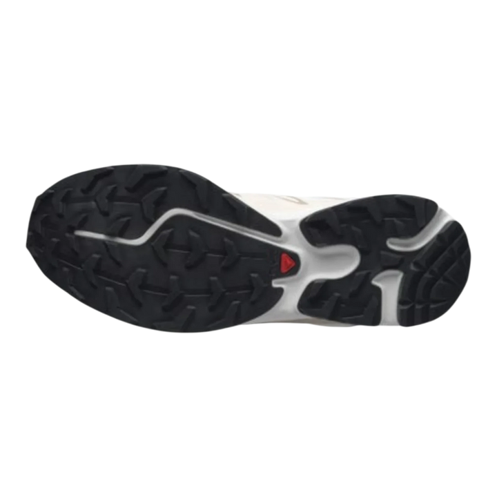 Salomon XT-6 EXPANSE white, rainy day, and oxford tan sneakers with a black rubber outsole.
