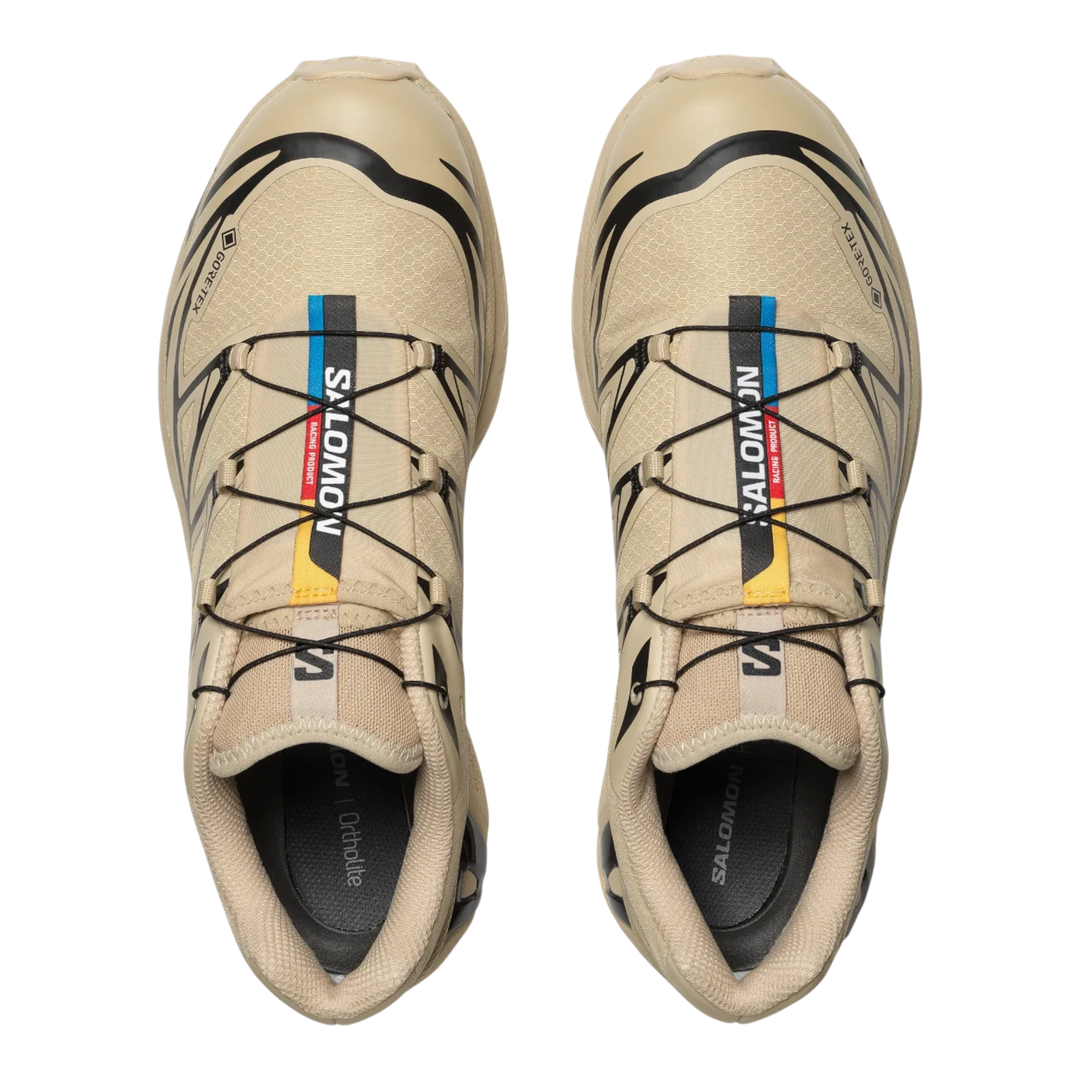 Salomon XT-6 Gore-Tex trail running shoes in beige with black accents and Quicklace system.