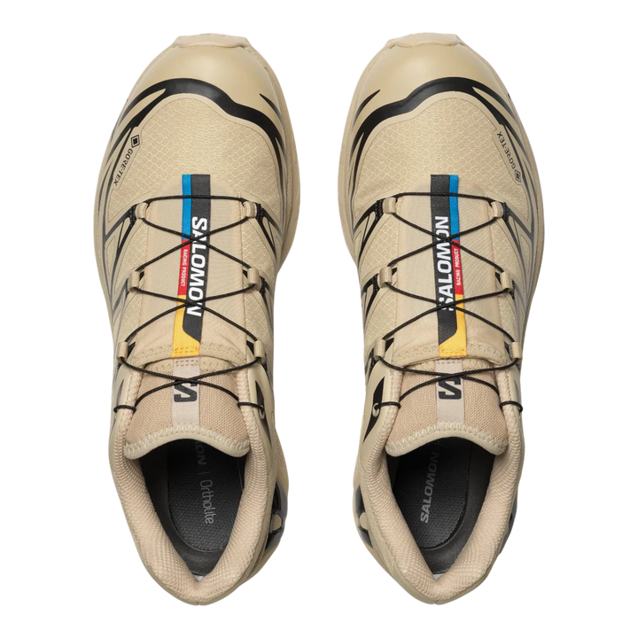 Salomon XT-6 Gore-Tex trail running shoes in beige with black accents and Quicklace system.
