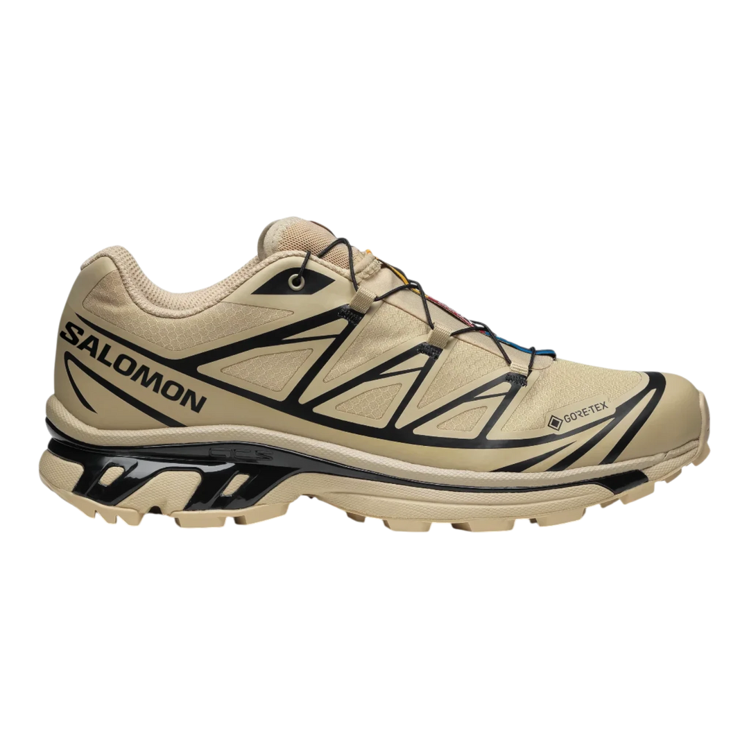 Salomon XT-6 Gore-Tex trail running shoes in safari beige with black accents and Quicklace system.