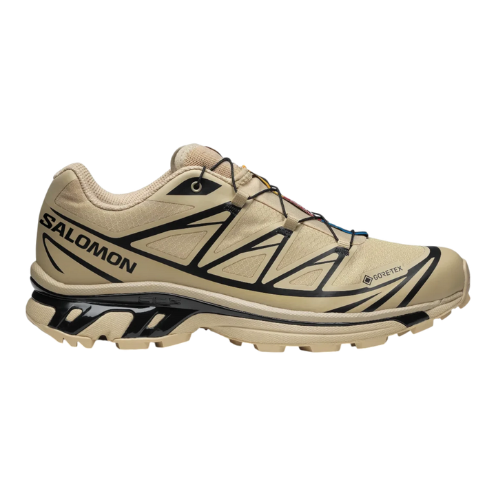 Salomon XT-6 Gore-Tex trail running shoes in safari beige with black accents and Quicklace system.