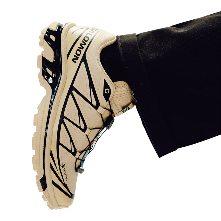 Salomon XT-6 Gore-Tex trail running shoes in safari beige with black accents and Quicklace system.