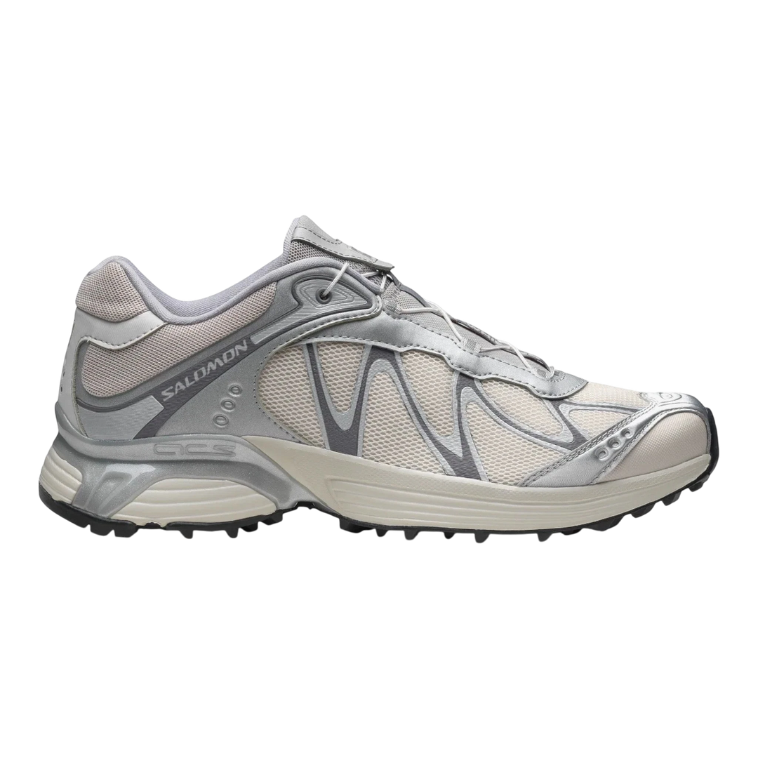 Salomon XT-Whisper sneakers in silver, lunar rock, and silver cloud with mesh and metallic overlays. Features Quicklace system.