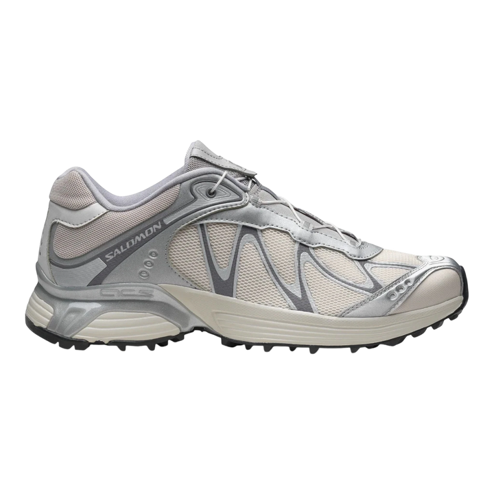 Salomon XT-Whisper sneakers in silver, lunar rock, and silver cloud with mesh and metallic overlays. Features Quicklace system.