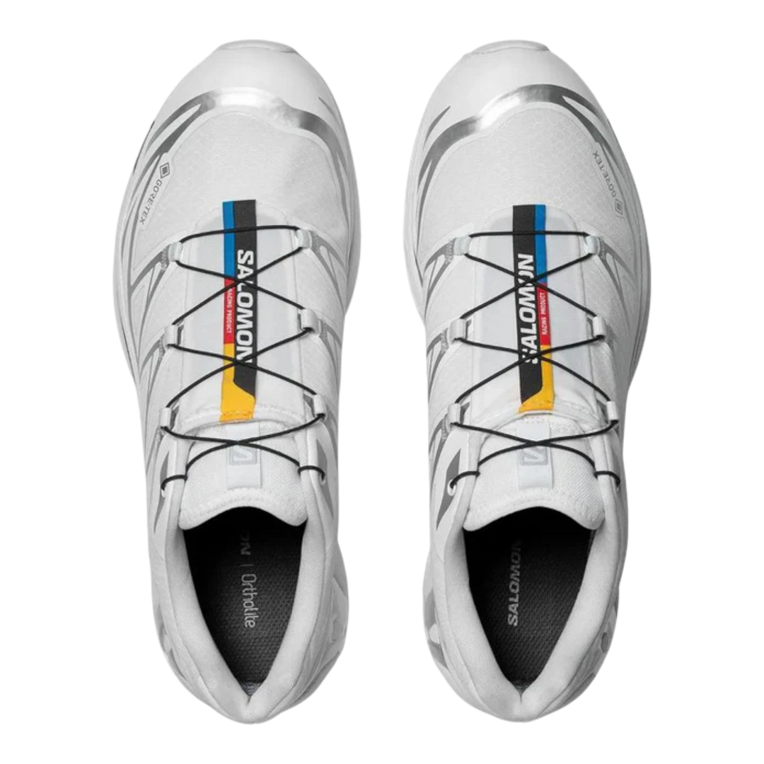 Salomon XT6 white and silver Gore-Tex trail running shoes with Quicklace system and Ortholite insoles.