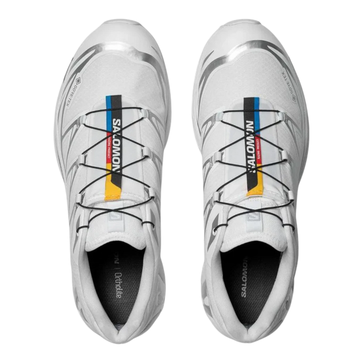 Salomon XT6 white and silver Gore-Tex trail running shoes with Quicklace system and Ortholite insoles.